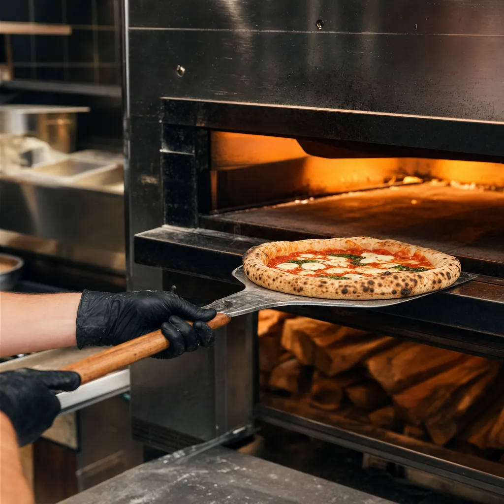 Pizza being placed in a commercial oven