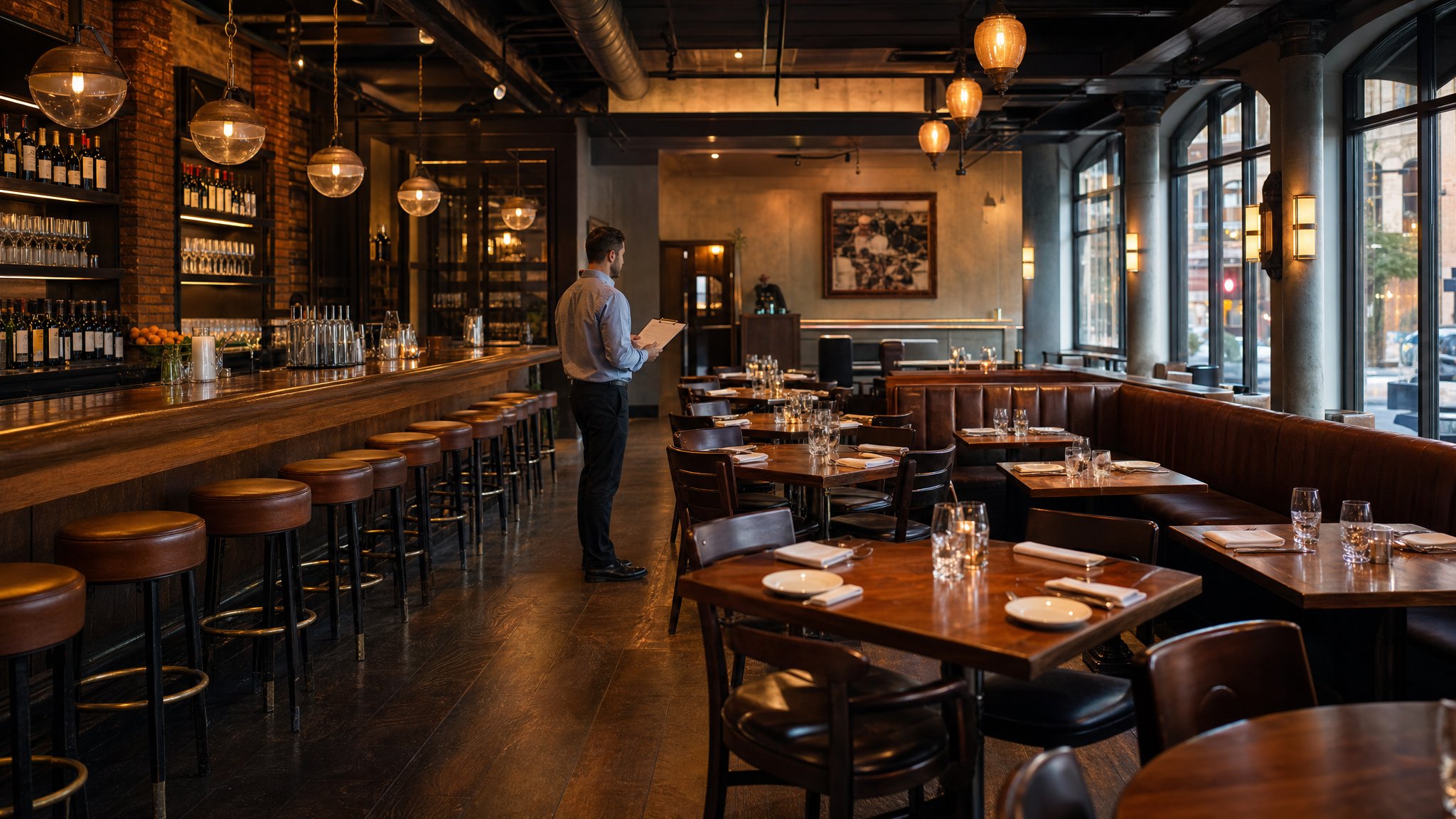 Restaurant manager reviewing a dining room and bar before service