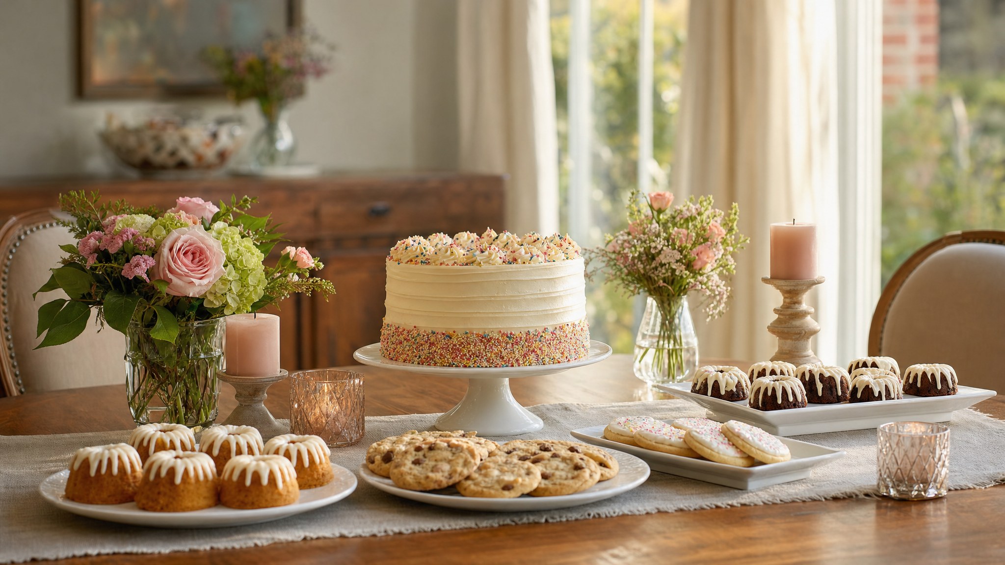 Birthday dessert table with a cake, cookies and mini Bundt cakes