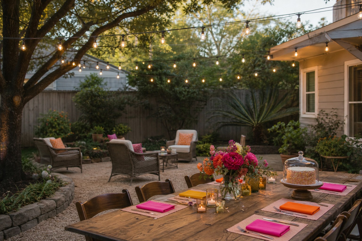 A welcoming backyard birthday table set beneath string lights before guests arrive