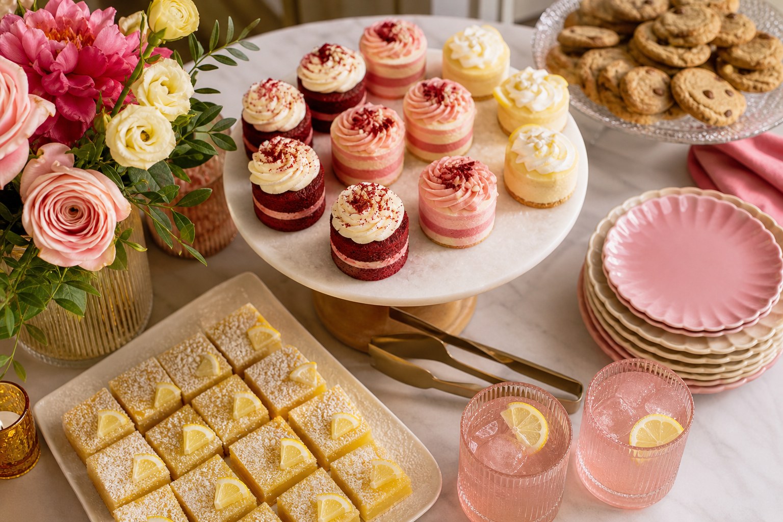 A dessert table with mini cakes, cookies and lemon bars ready for guests