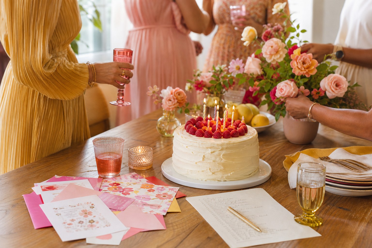 Friends preparing flowers and a birthday cake at a celebration table