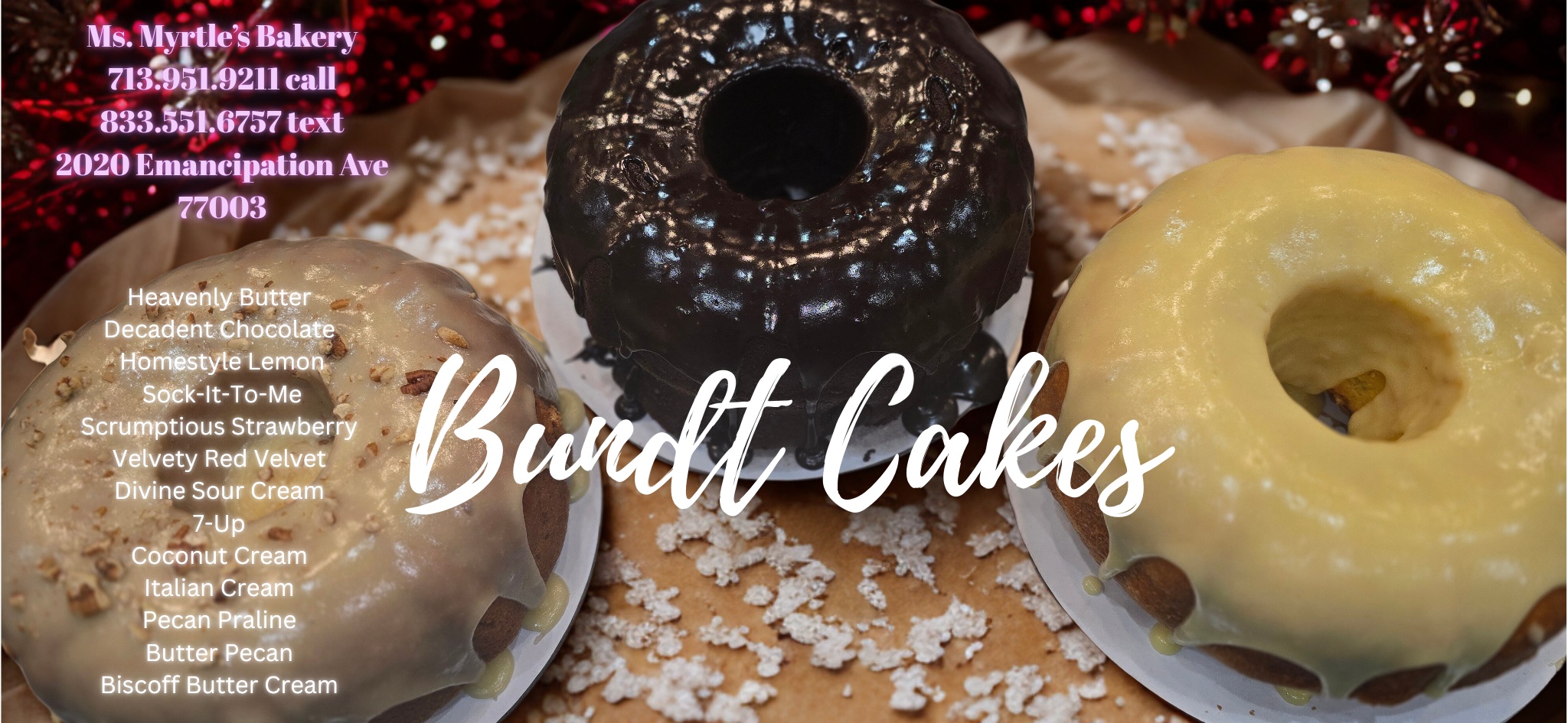 Ms. Myrtle’s Bakery Bundt cake flyer showing glazed Bundt cakes, available flavors and bakery contact details
