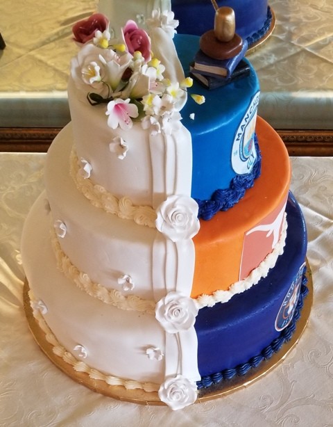 Wedding cake combining white floral details with colorful sports-themed tiers