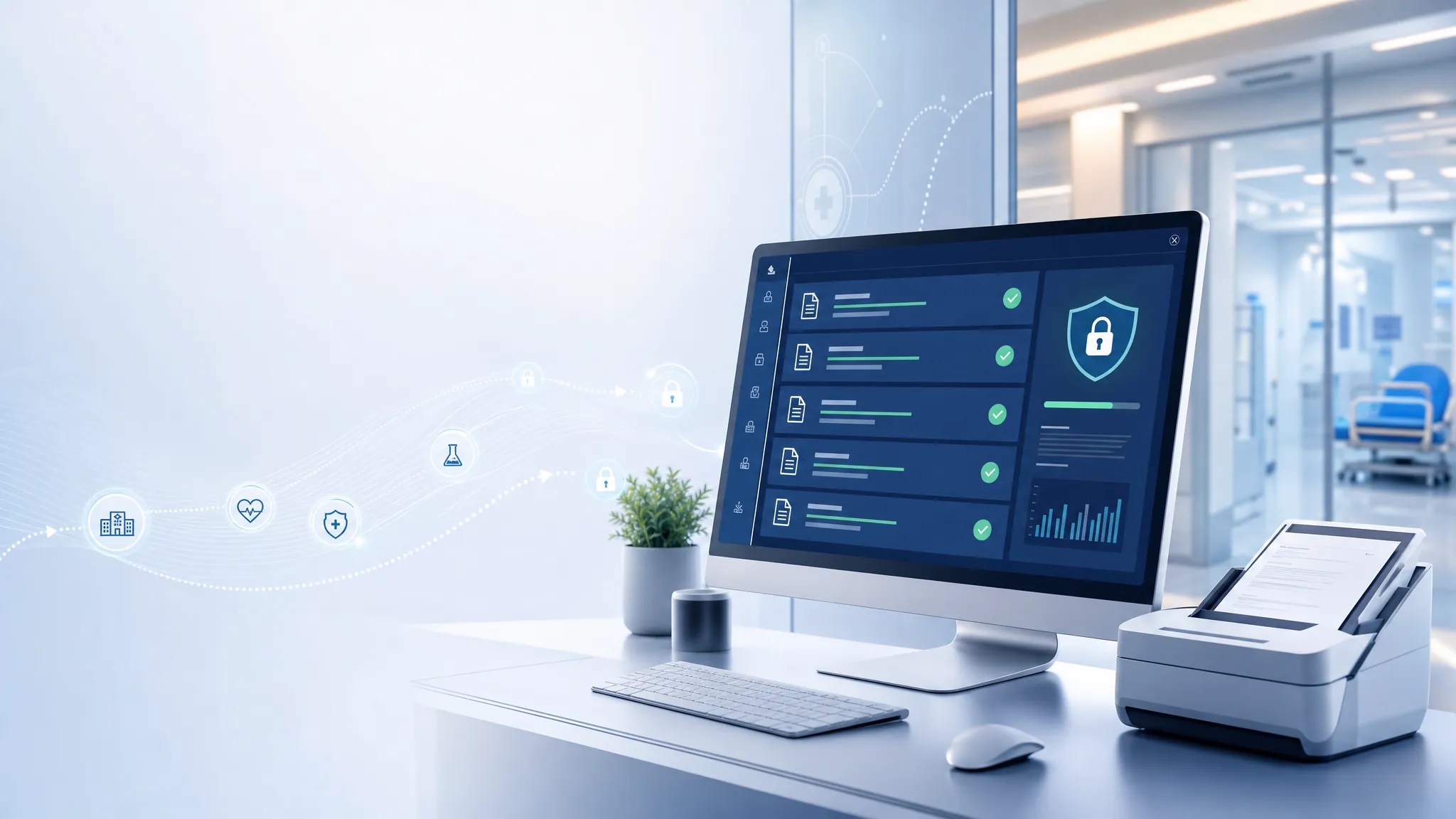 Secure healthcare document-delivery dashboard in a modern hospital workspace