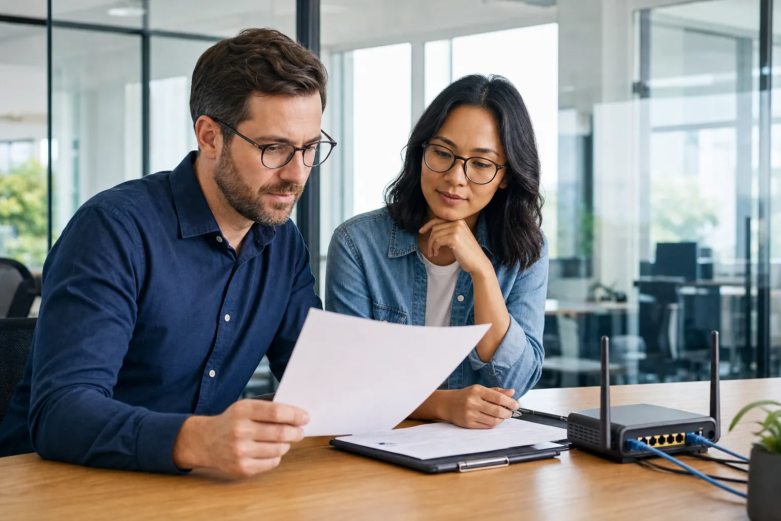 Business leaders reviewing a connectivity agreement beside a router in a bright office