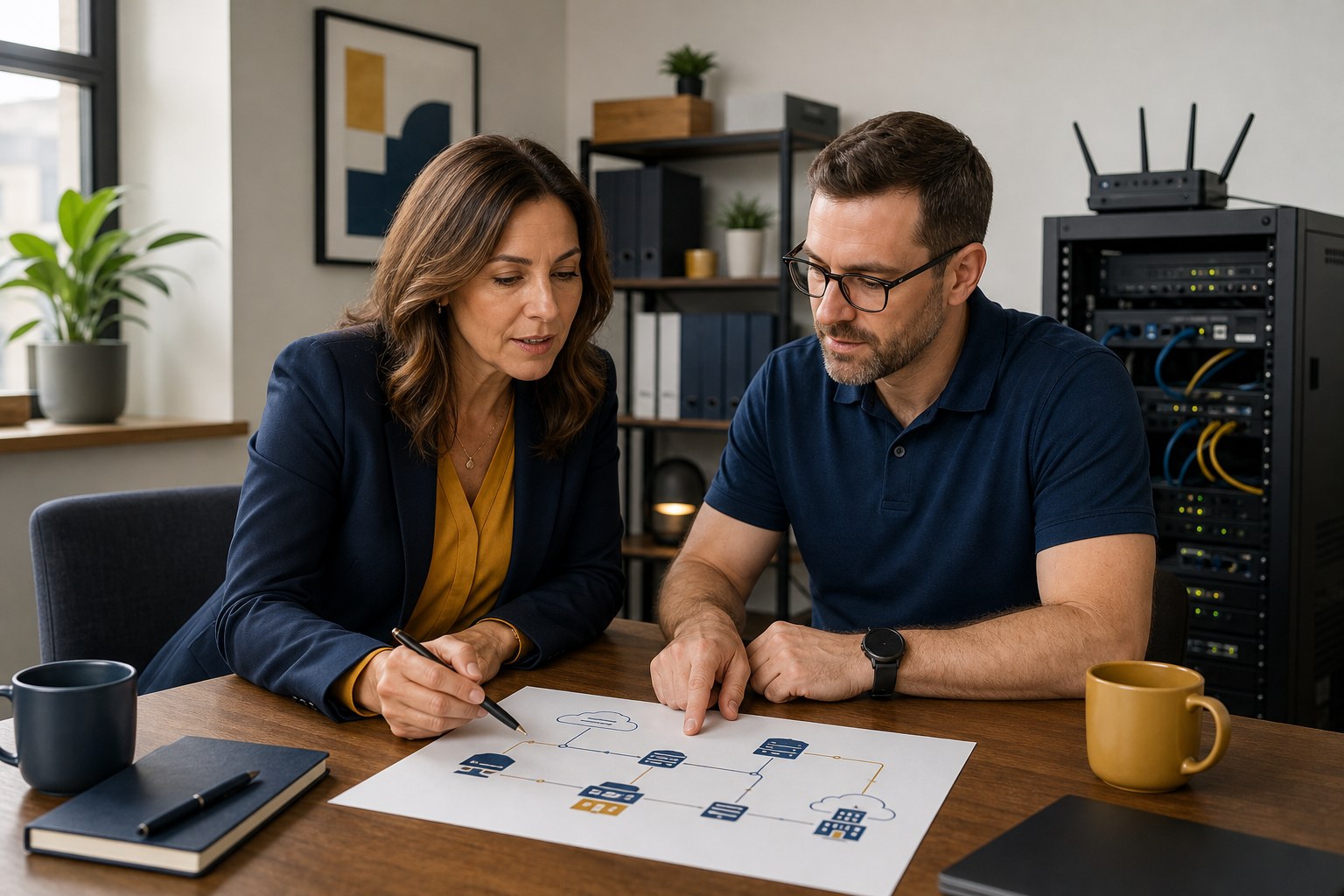 Business leaders reviewing a connectivity plan beside office network equipment