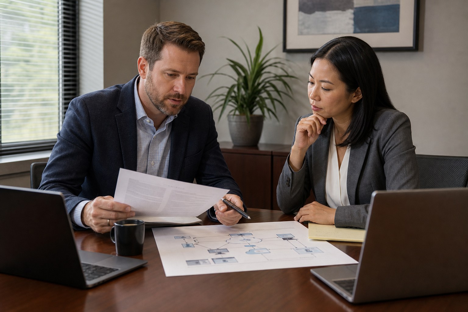 Business colleagues reviewing a provider proposal and office network plan