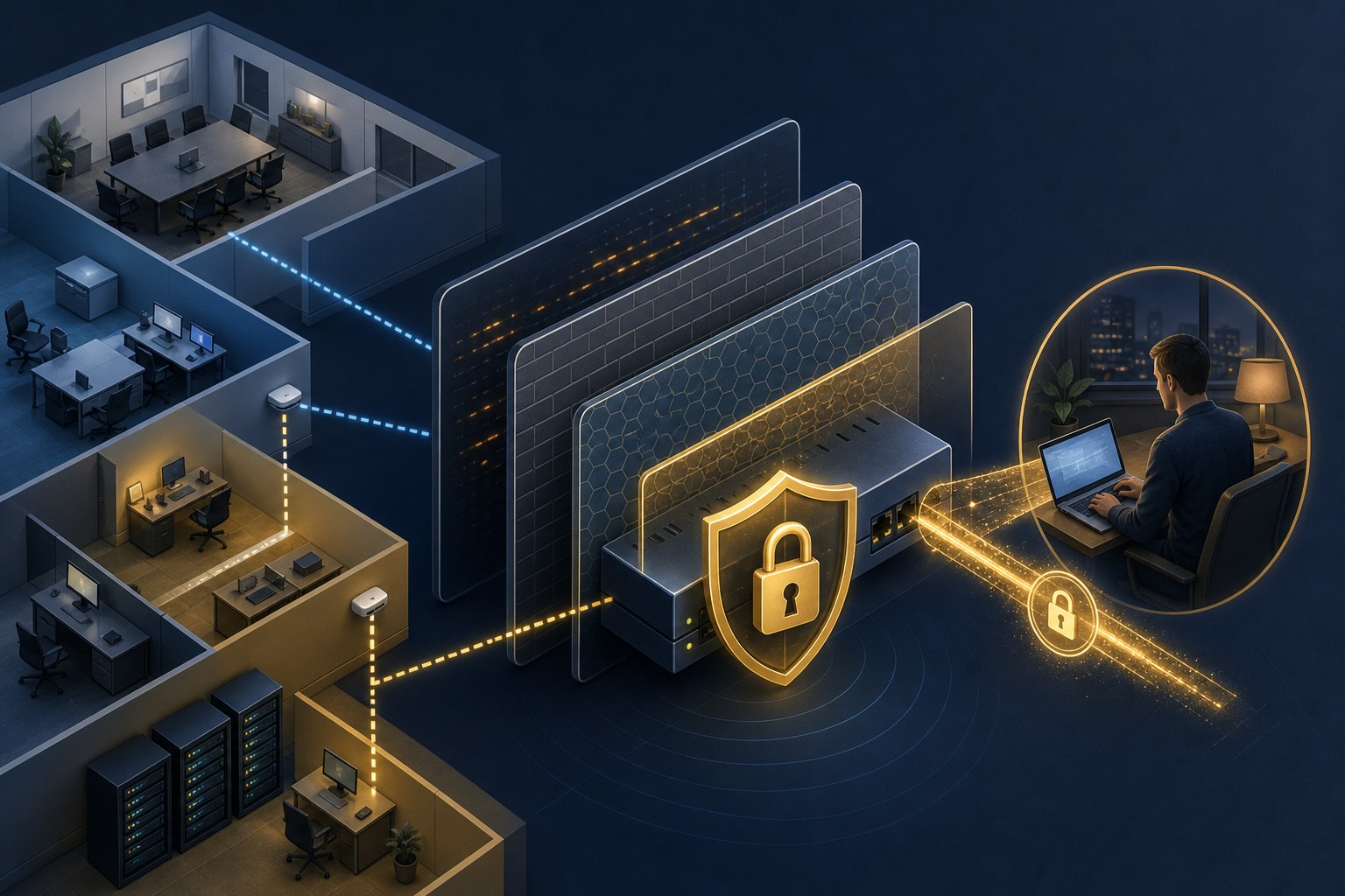 Illustration of a protected office network with layered security between staff, services, and remote access