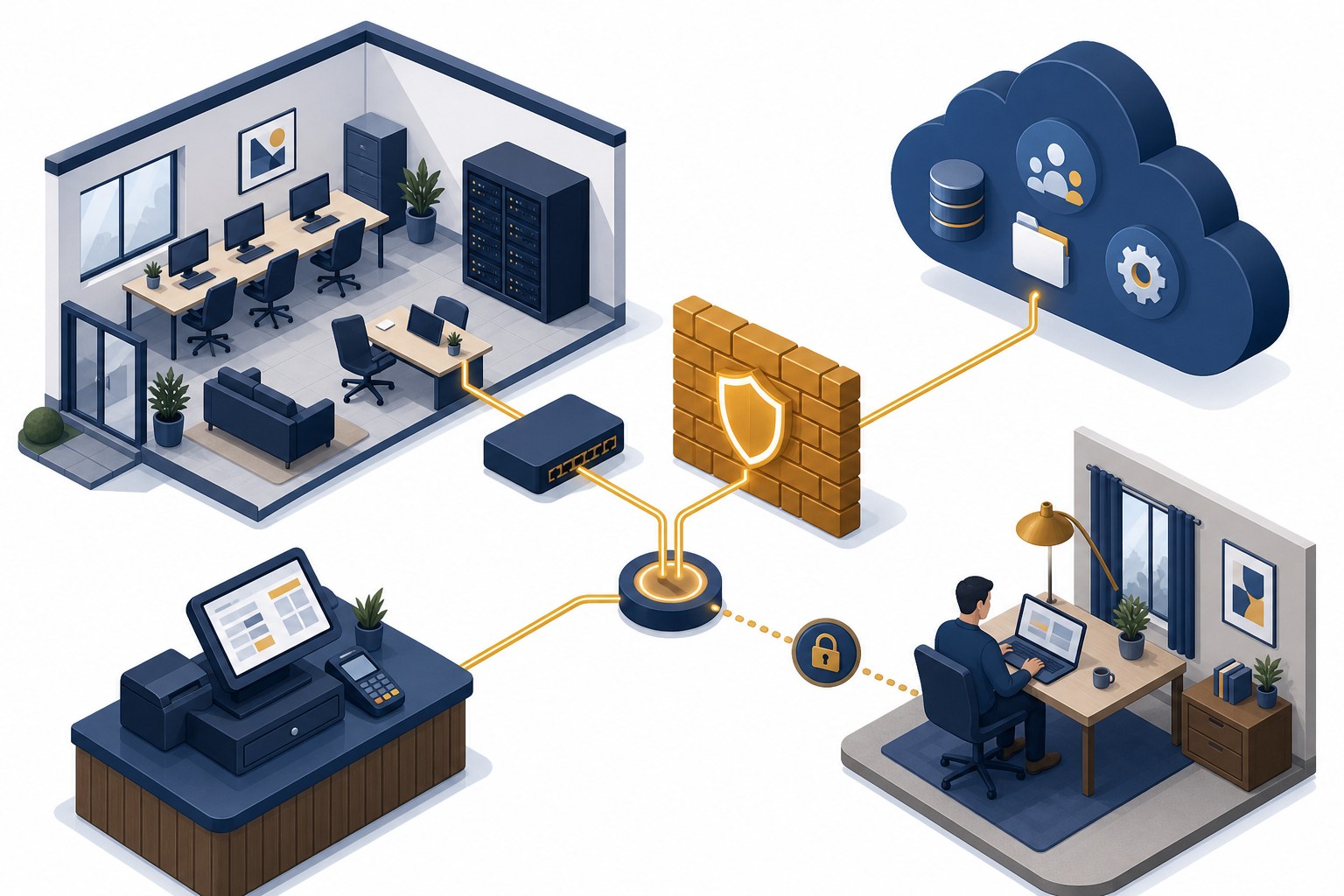 Illustration of an office, a firewall, cloud applications, remote work, and a point-of-sale system connected through a managed network