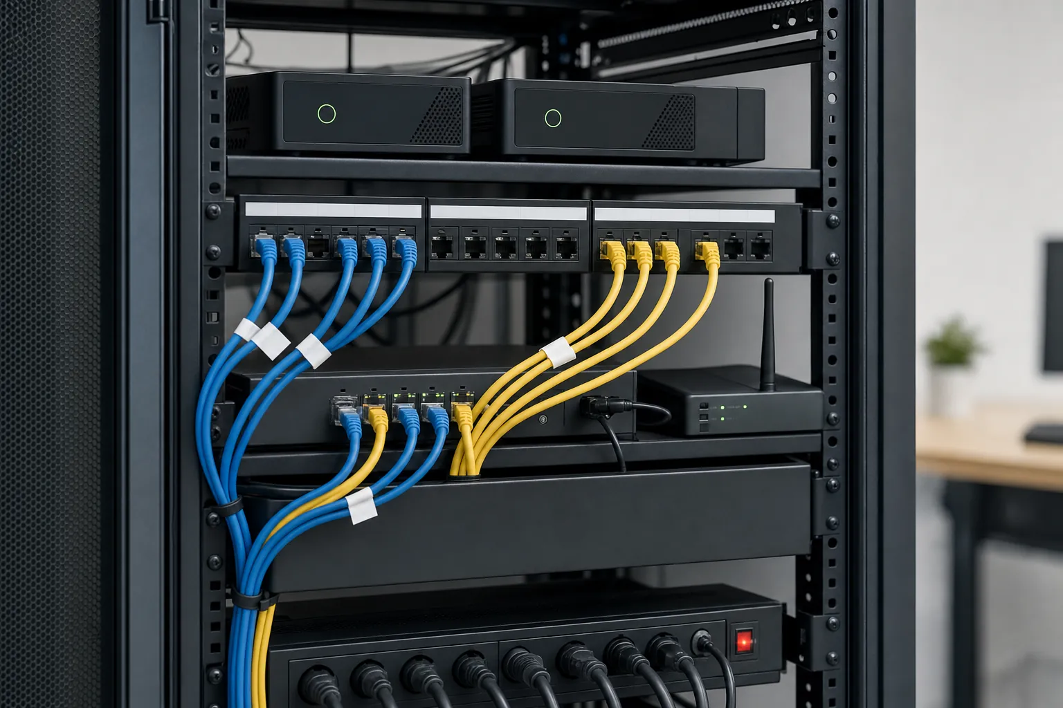 Organized office network rack with separate blue and yellow network connections and a backup device