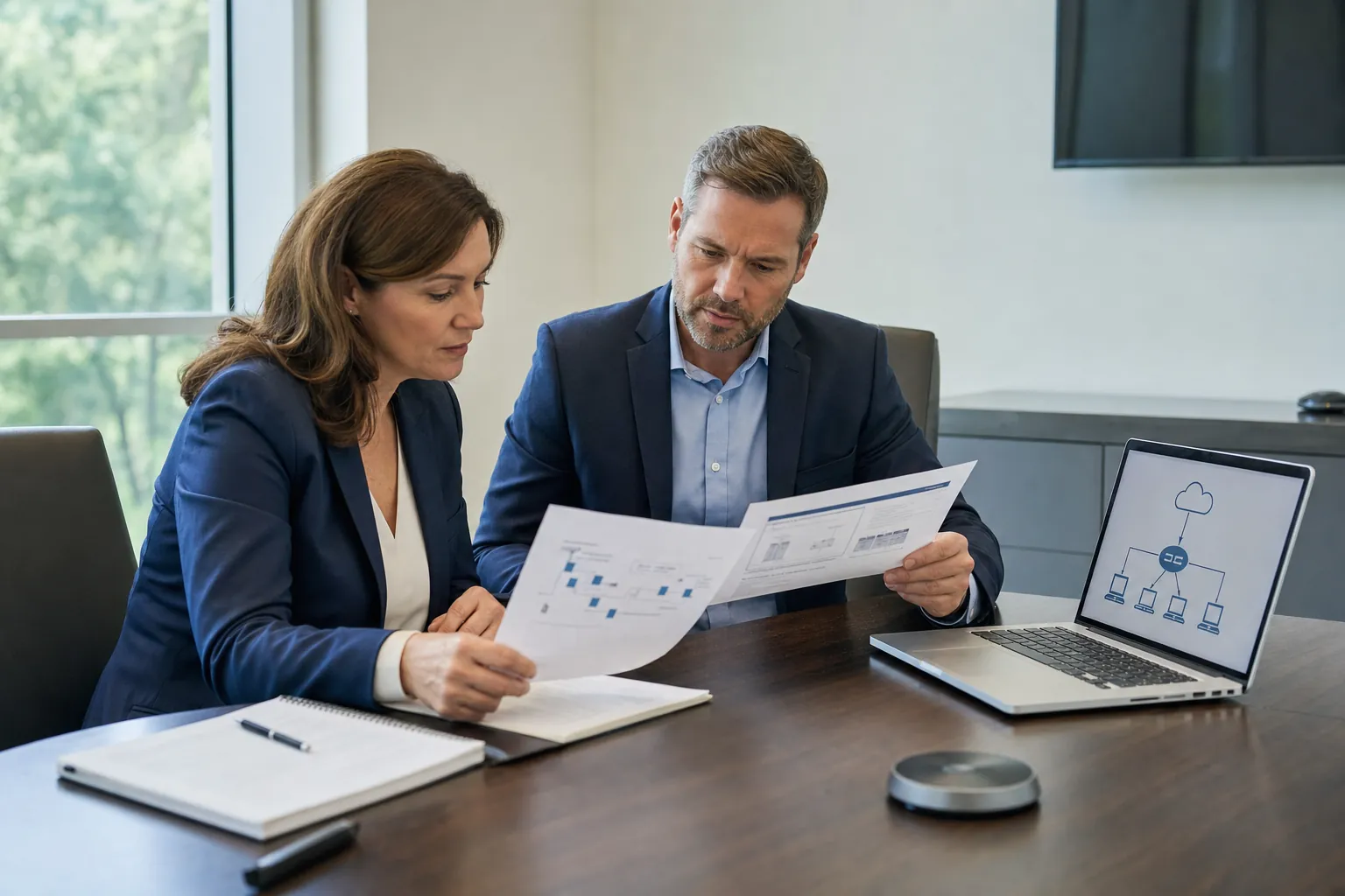 Business leaders reviewing connectivity proposals beside a laptop with a simple network diagram