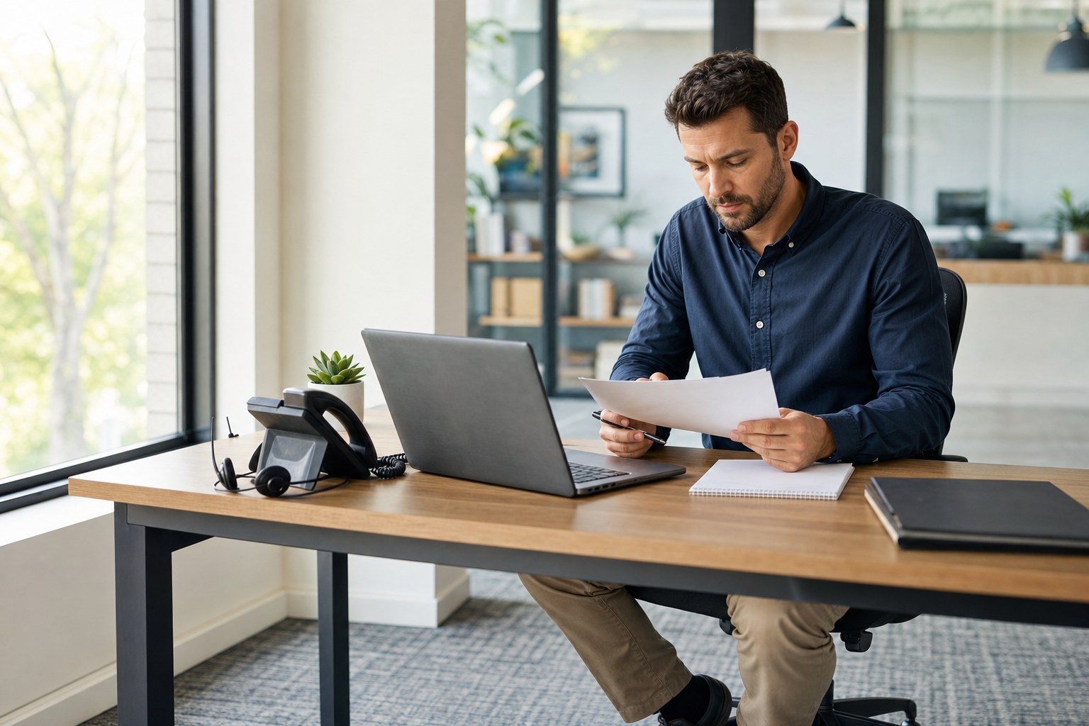 Operations manager reviewing business call-handling notes beside an office phone and headset