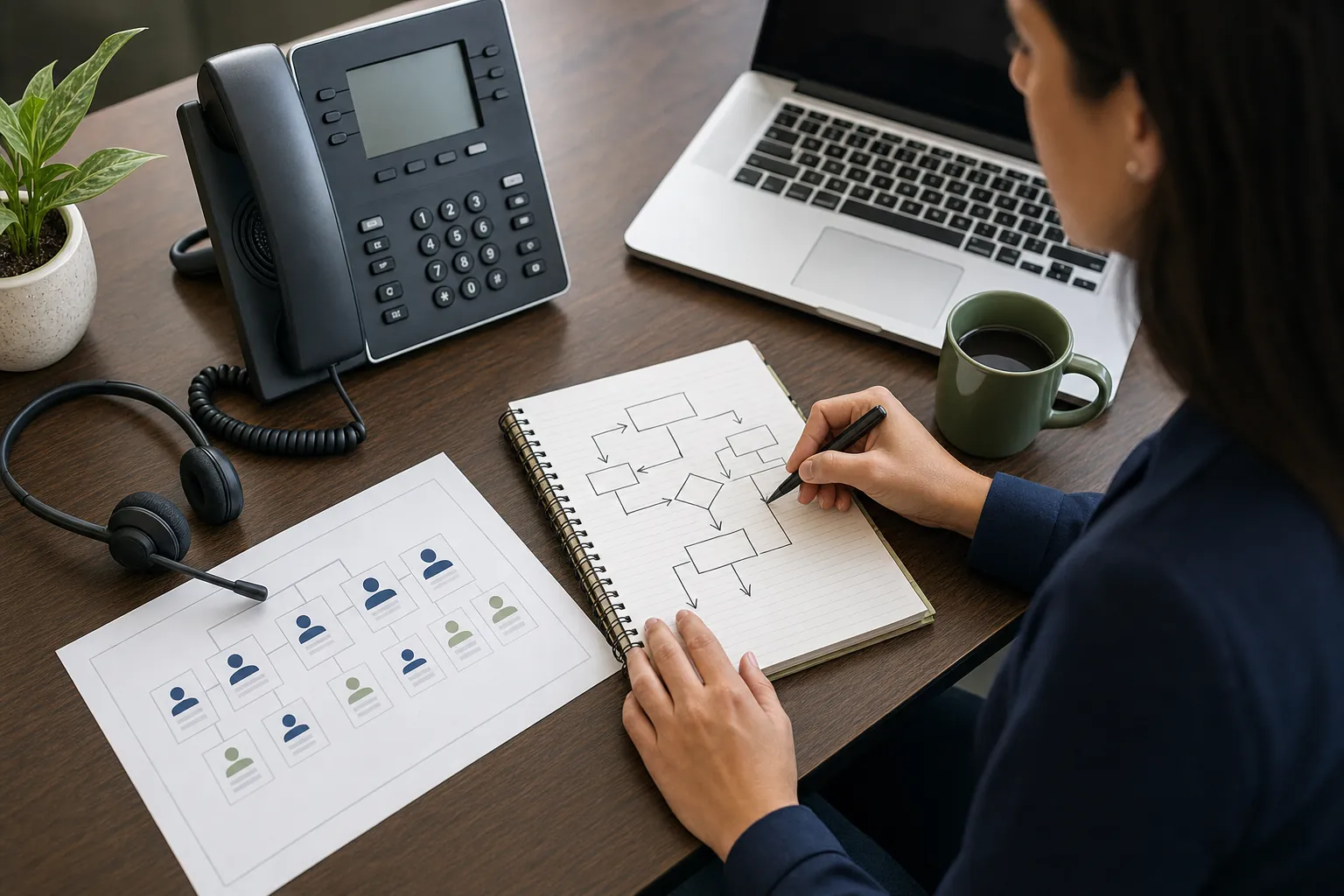 Office manager mapping customer call routes beside a desk phone and headset