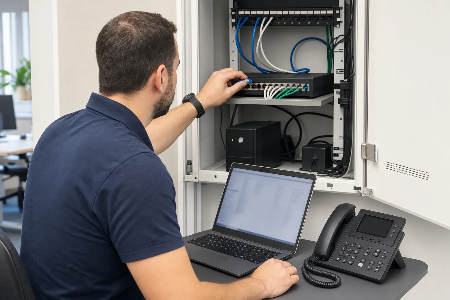 IT technician checking office network connections before a business phone rollout