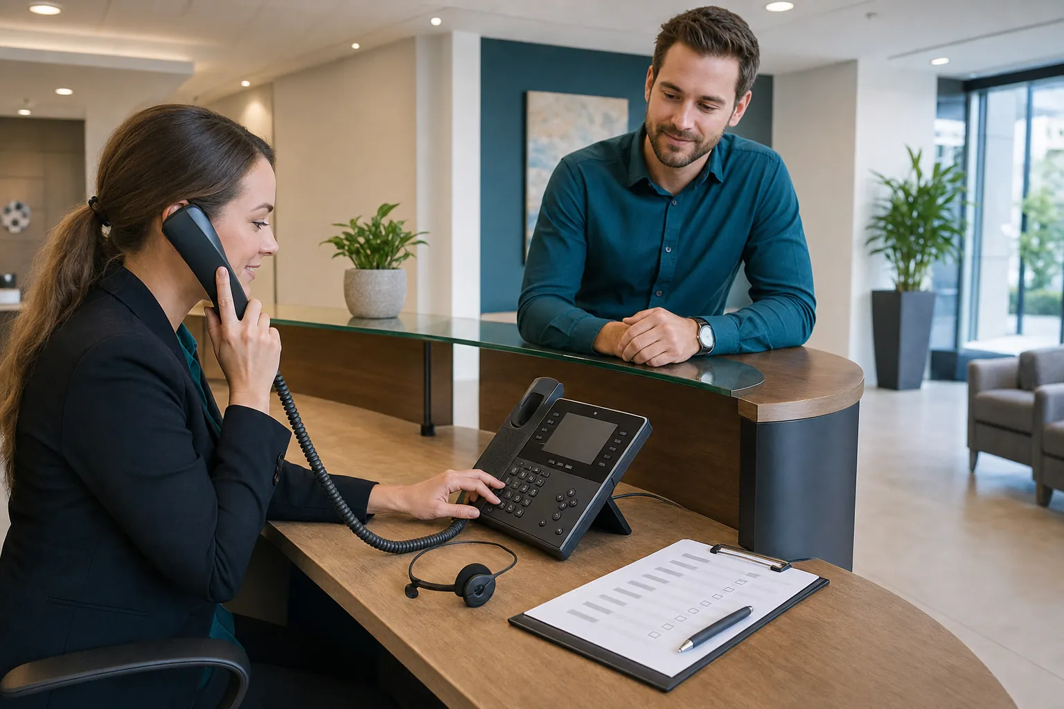 Receptionist testing a new business phone system during an office rollout