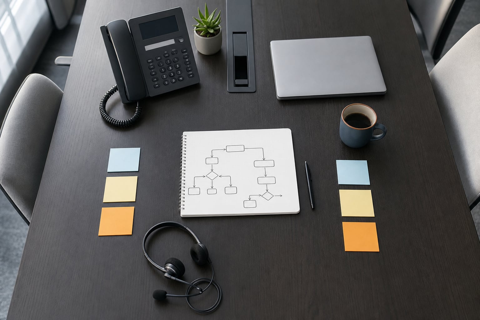Desk phone, headset, and a simple call-flow diagram arranged for a business phone system planning session