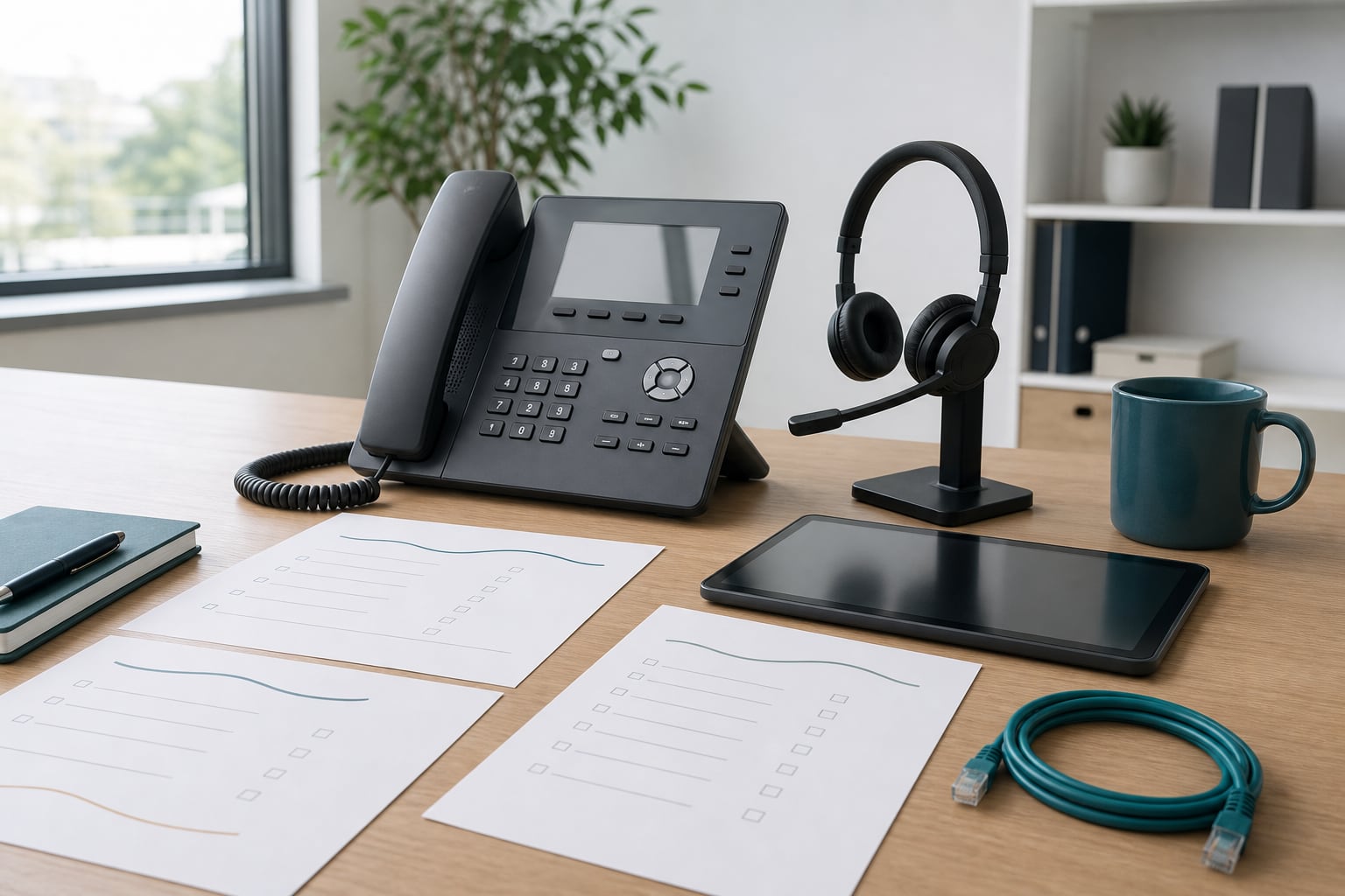 Desk phone, headset, planning sheets, and network cable arranged for a business phone system decision