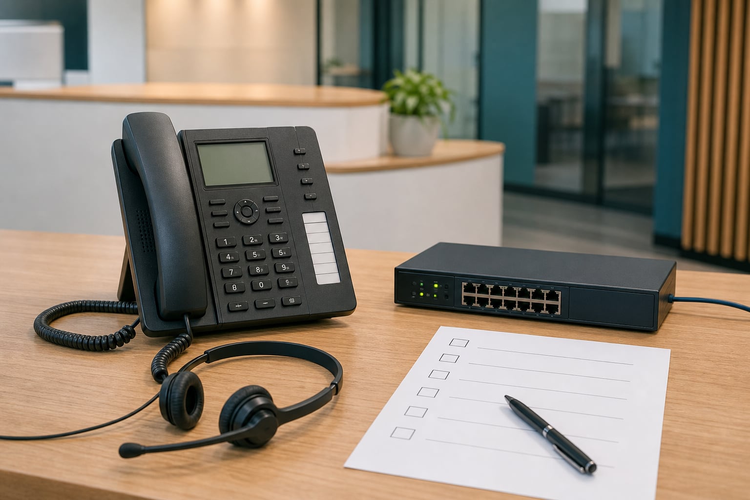 Business desk phone, headset, network switch, and checklist prepared for a phone system test