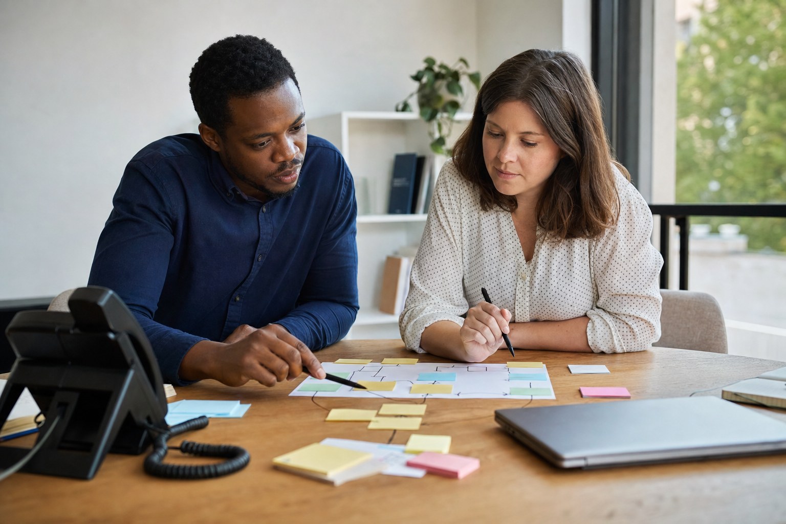 Two office colleagues mapping a customer call flow beside a desk phone