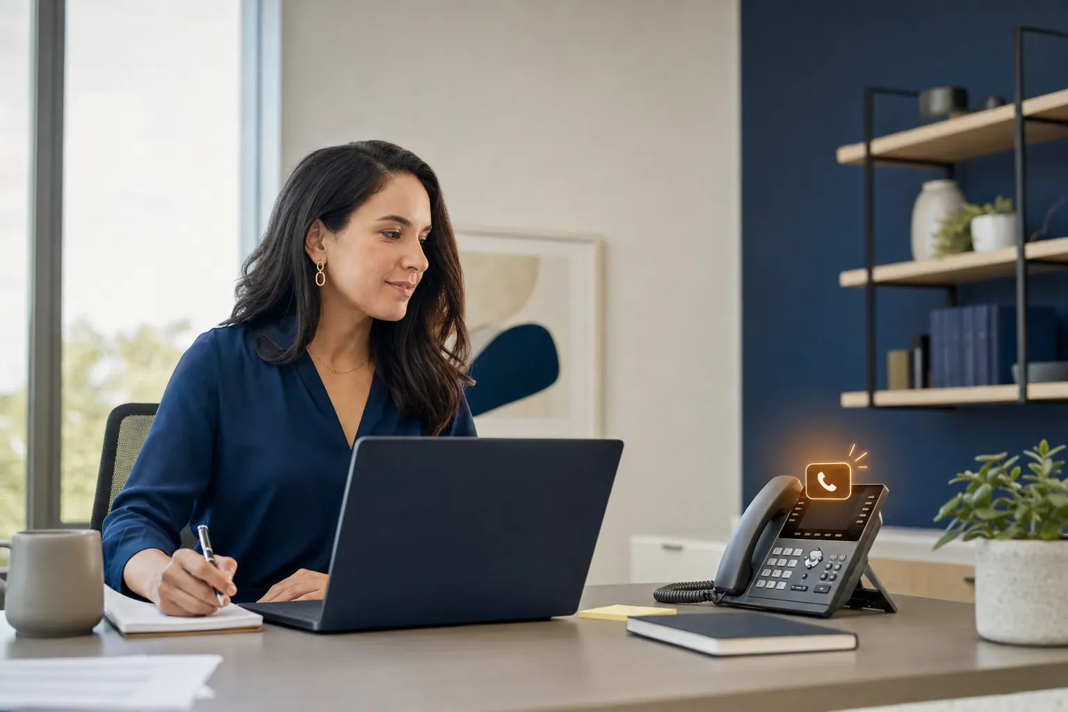 Business owner reviewing an incoming call at a desk with a laptop and office phone