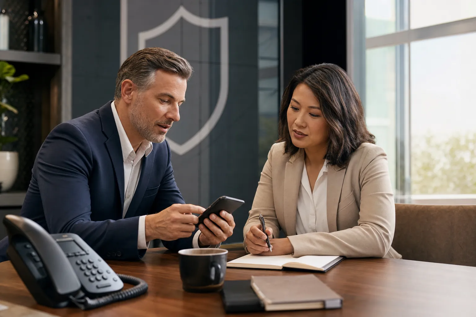 Business leaders reviewing a phone security policy with an office phone on the table