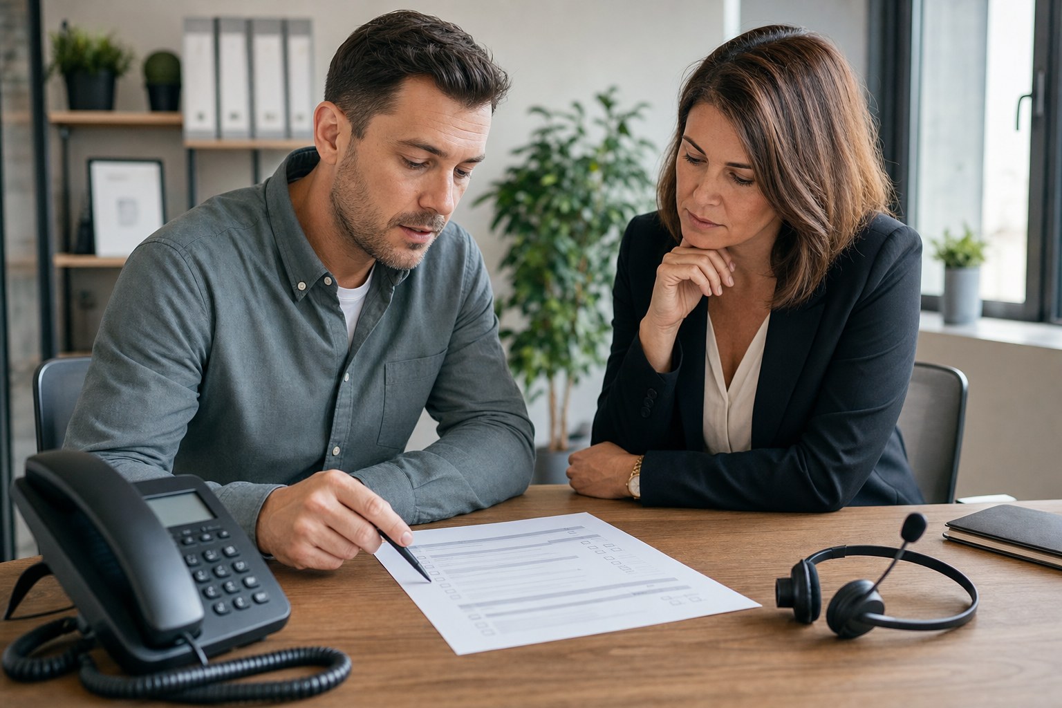 Business owner and IT coordinator reviewing a call-answering checklist beside an office phone