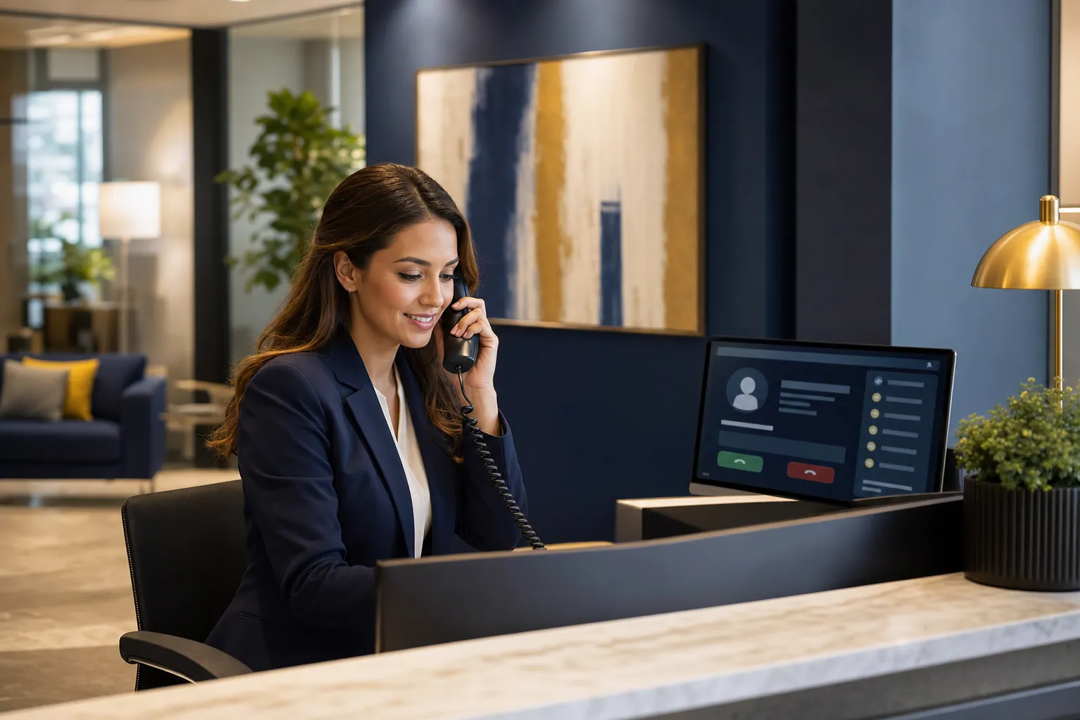 Reception professional handling a screened business call at a front desk