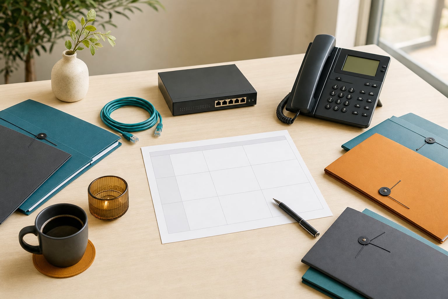 Technology vendor folders, a business phone, network equipment, and a comparison worksheet arranged on a worktable