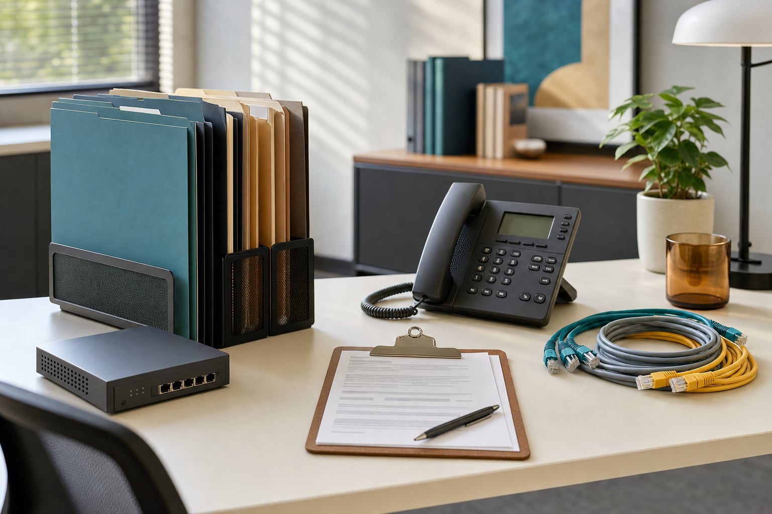 Organized technology vendor folders, a business phone, network equipment, and service records on an office desk