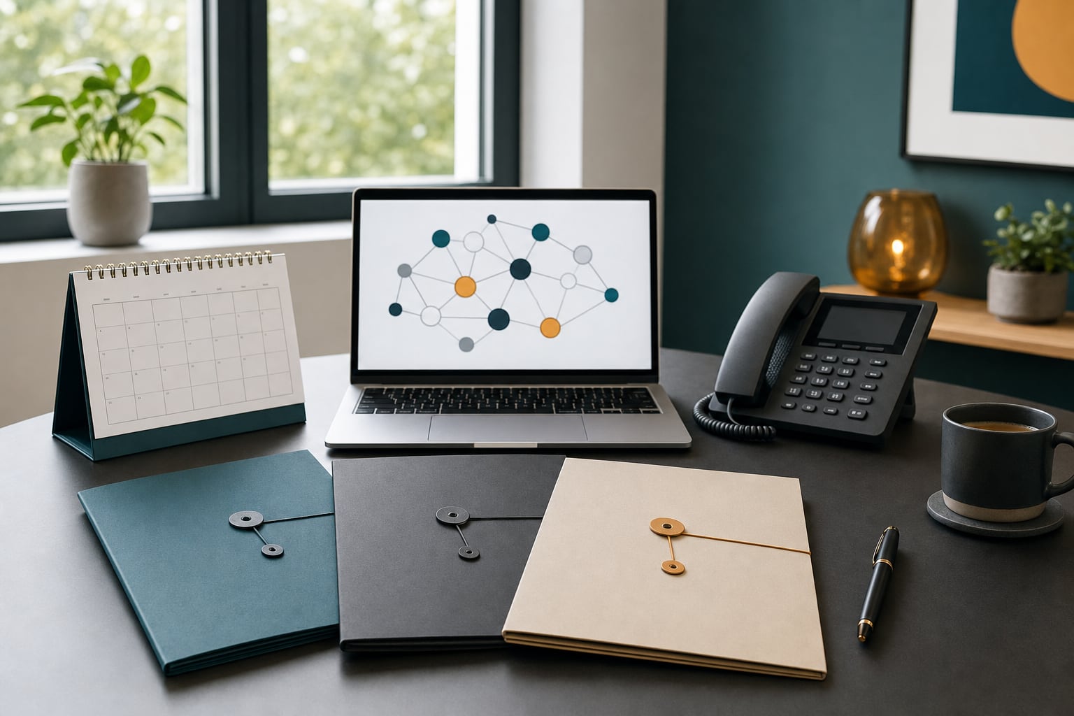 Technology vendor folders, a business phone, a network diagram, and a calendar on an office desk