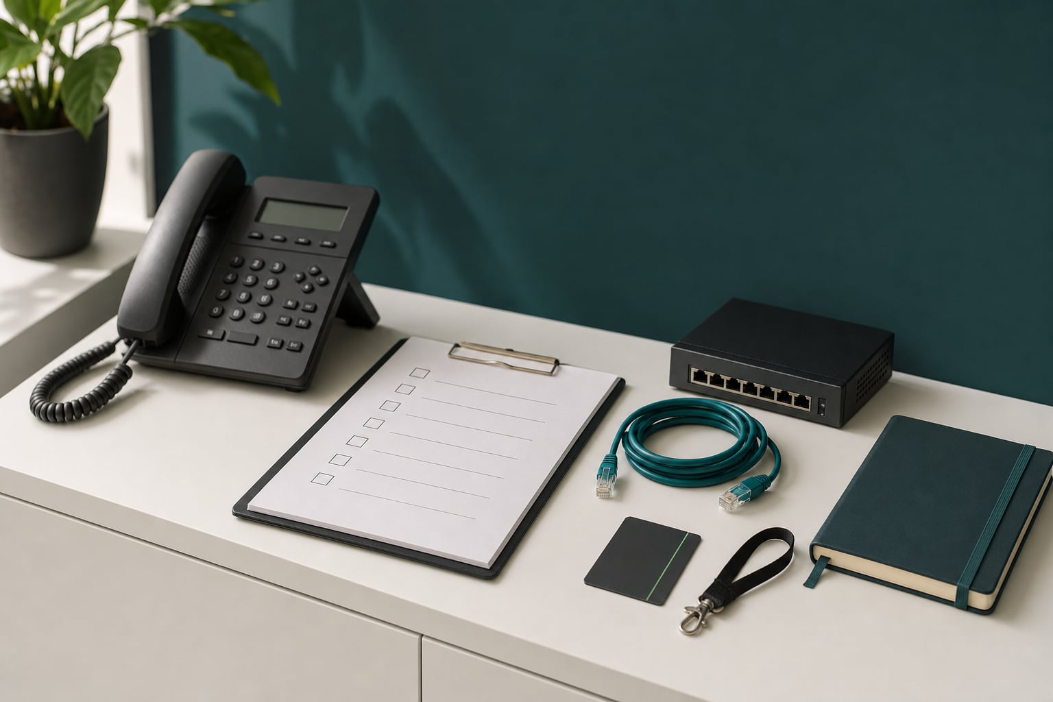 A technology service handoff checklist, desk phone, network device, keycard, and ethernet cable arranged on an office table