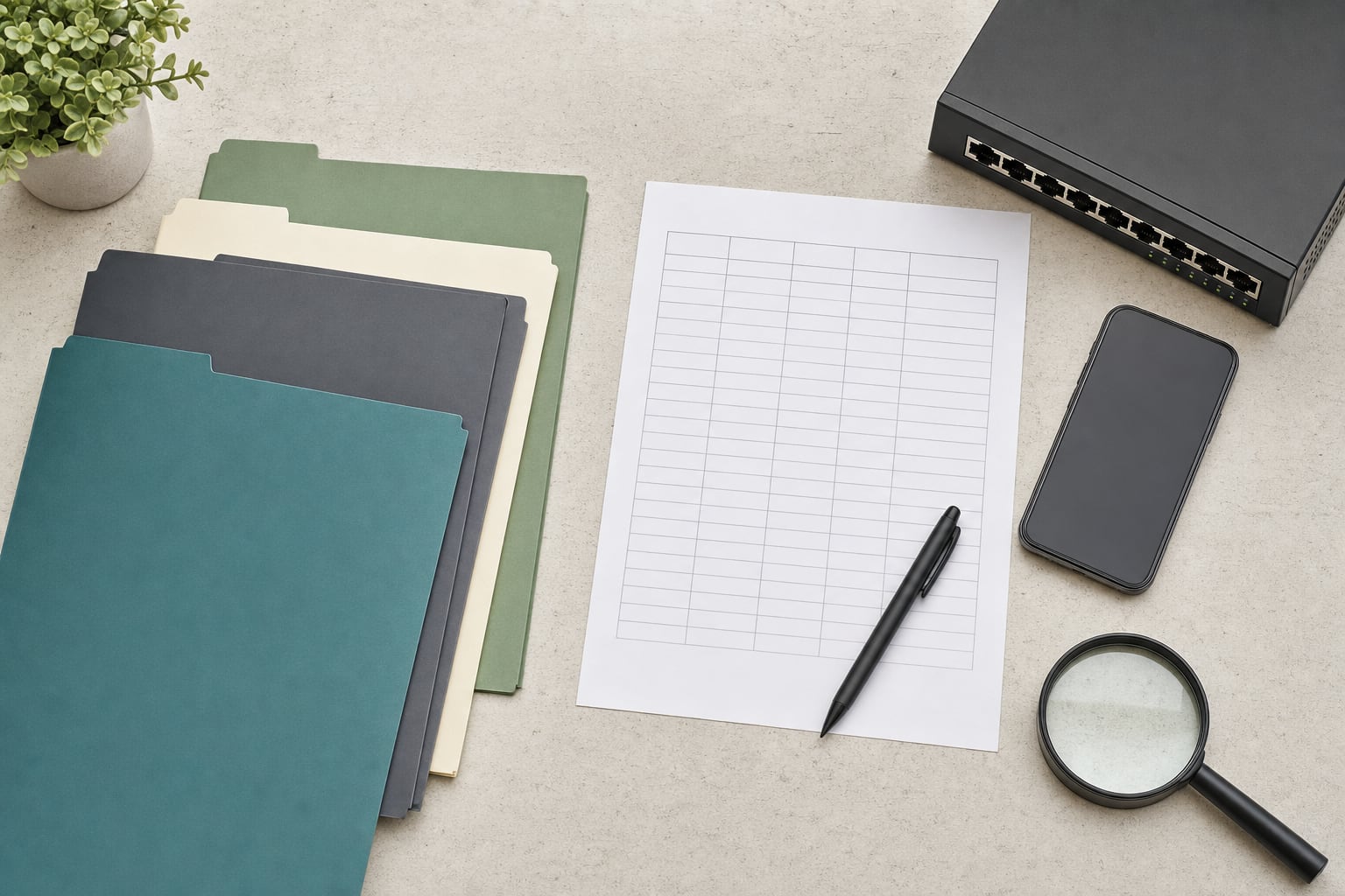Unlabeled service folders, a blank inventory worksheet, a mobile phone, and network equipment arranged for a vendor review