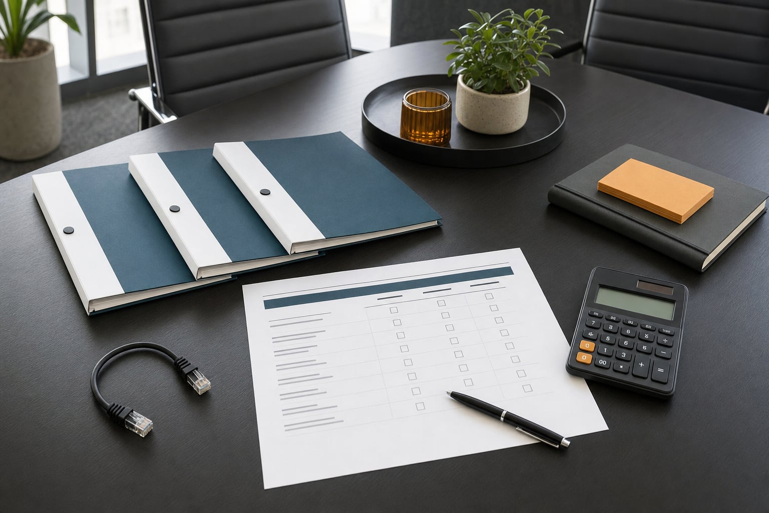 Technology vendor proposal folders, a blank comparison scorecard, a calculator, and a network cable on a conference table