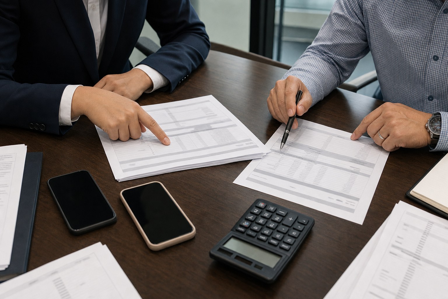 Business colleagues reviewing mobile service invoices, smartphones, and a calculator