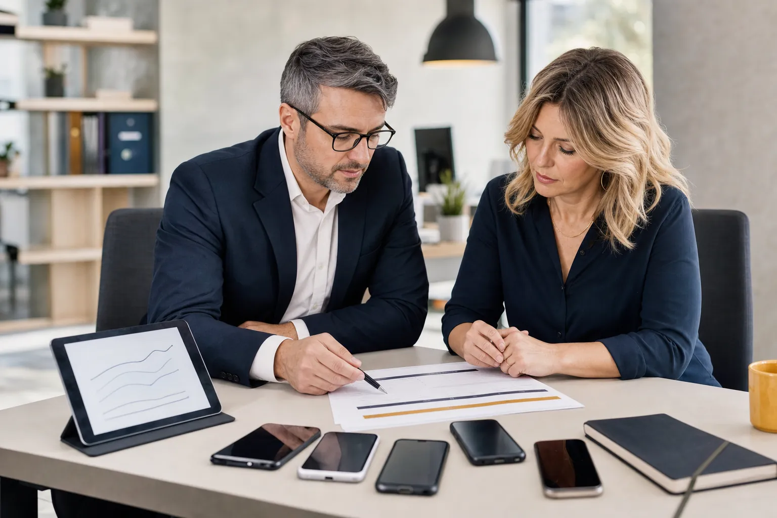 Two business leaders comparing a corporate mobile plan with several smartphones on a conference table
