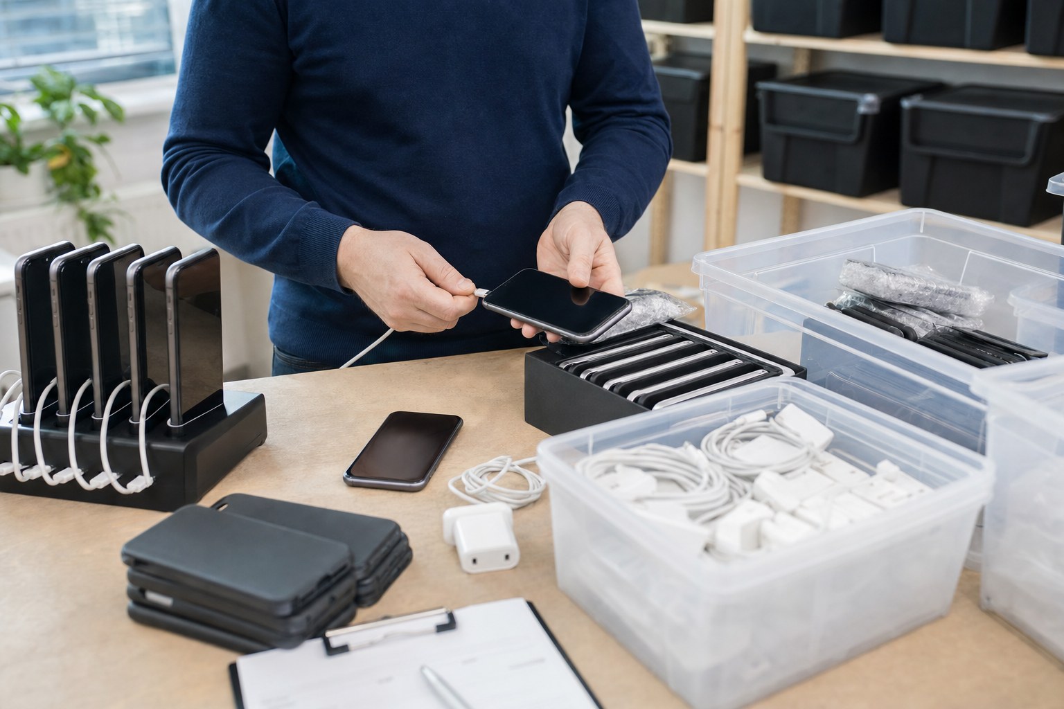 IT coordinator preparing company smartphones and charging equipment for employee device management