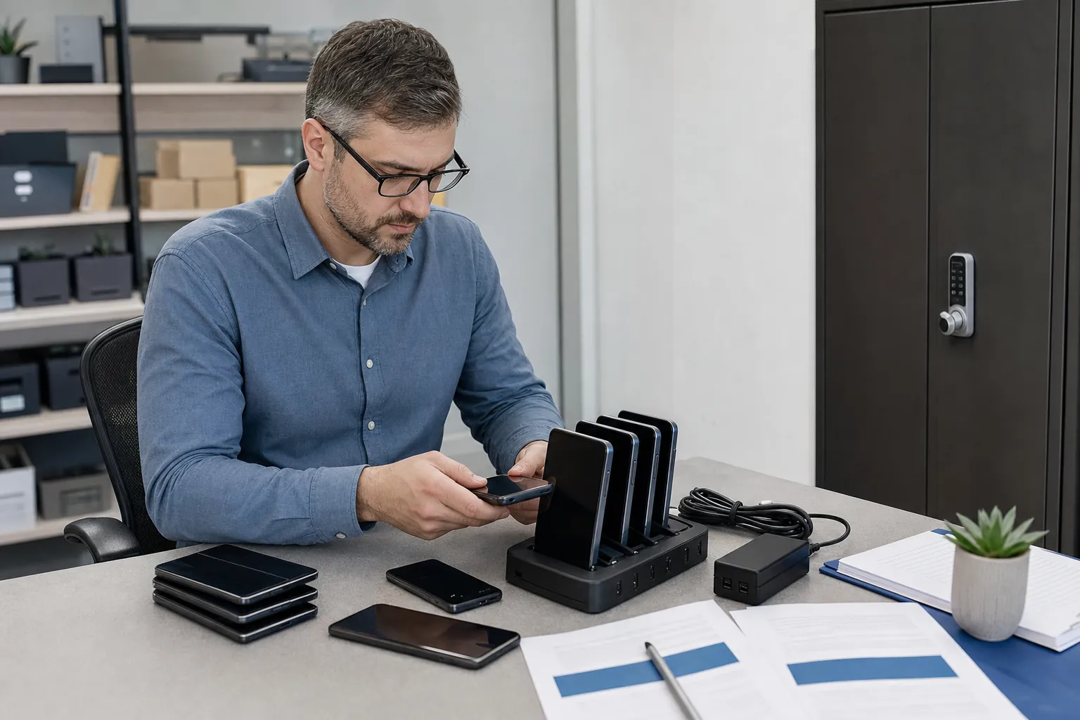 IT manager preparing company smartphones beside charging hardware and device-policy paperwork