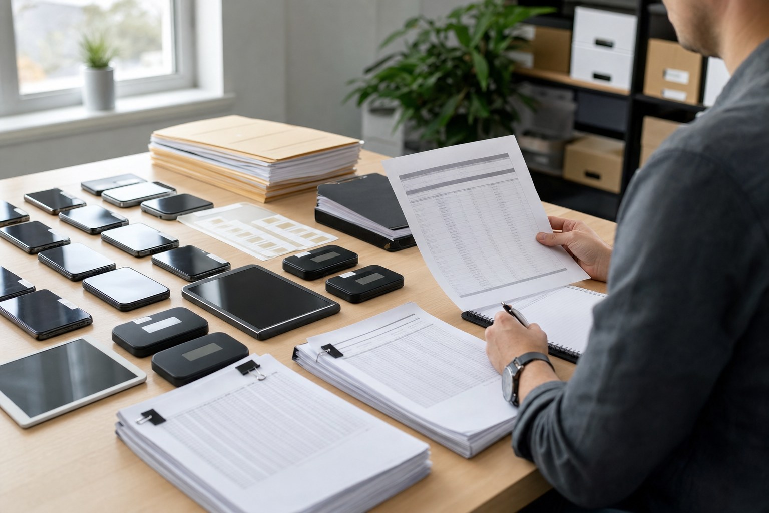 Operations manager reviewing an inventory of company mobile devices and carrier records