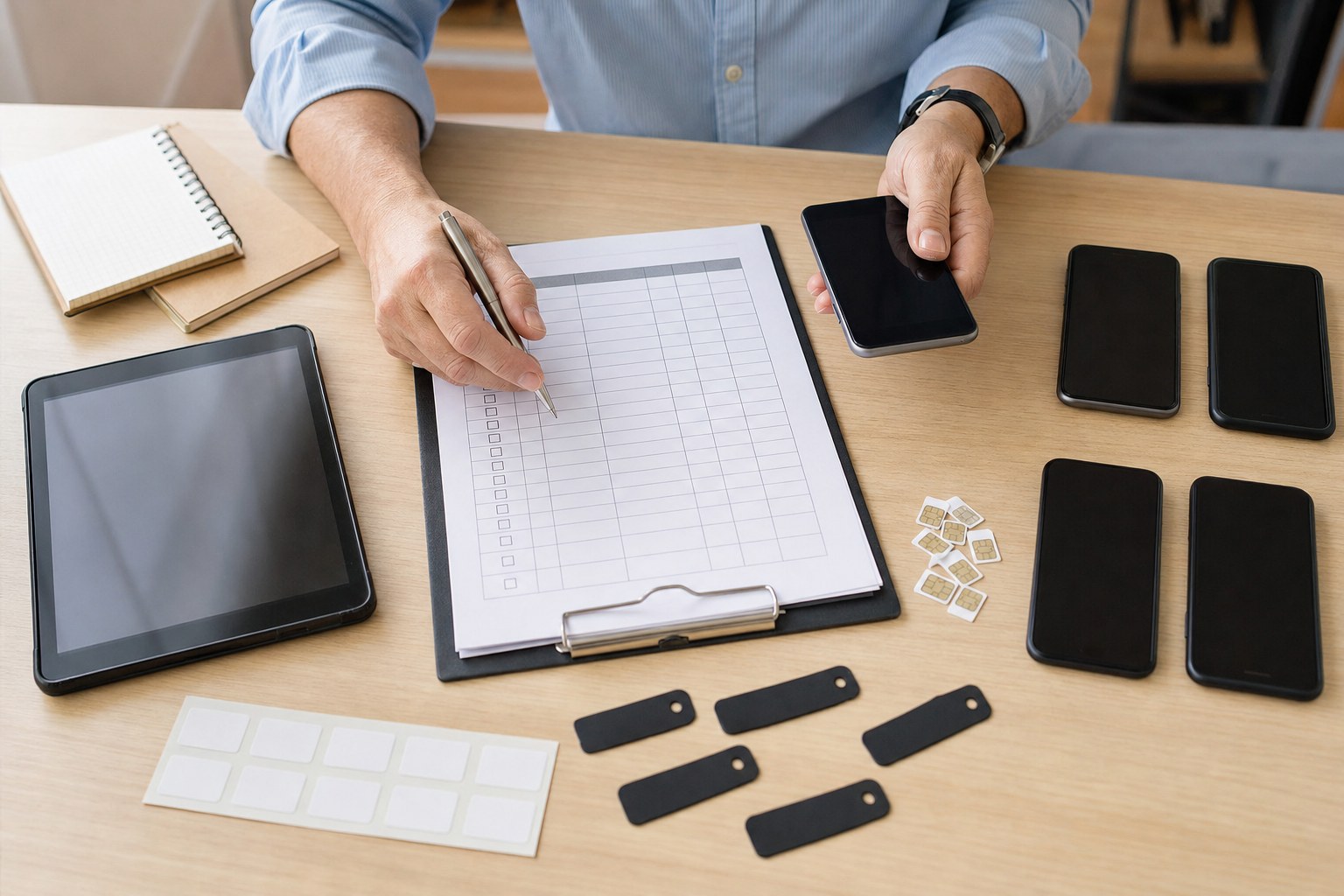 Office manager checking company phones, SIM cards, and an inventory checklist