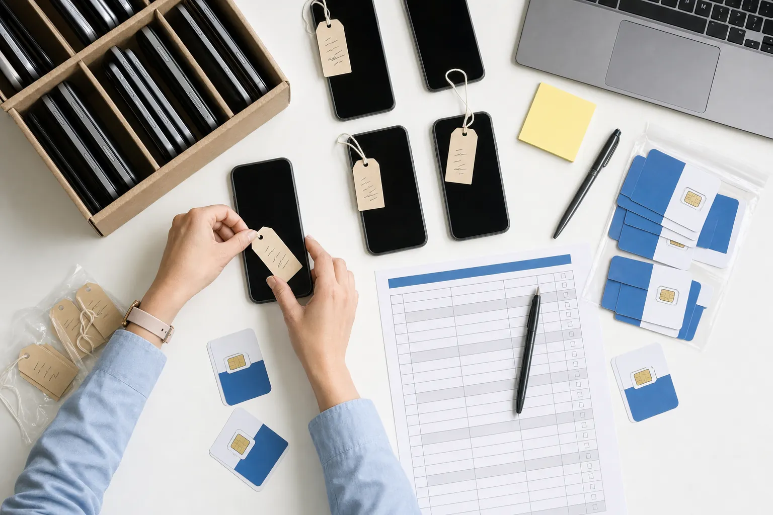 Office manager tagging company smartphones beside an inventory checklist and SIM cards