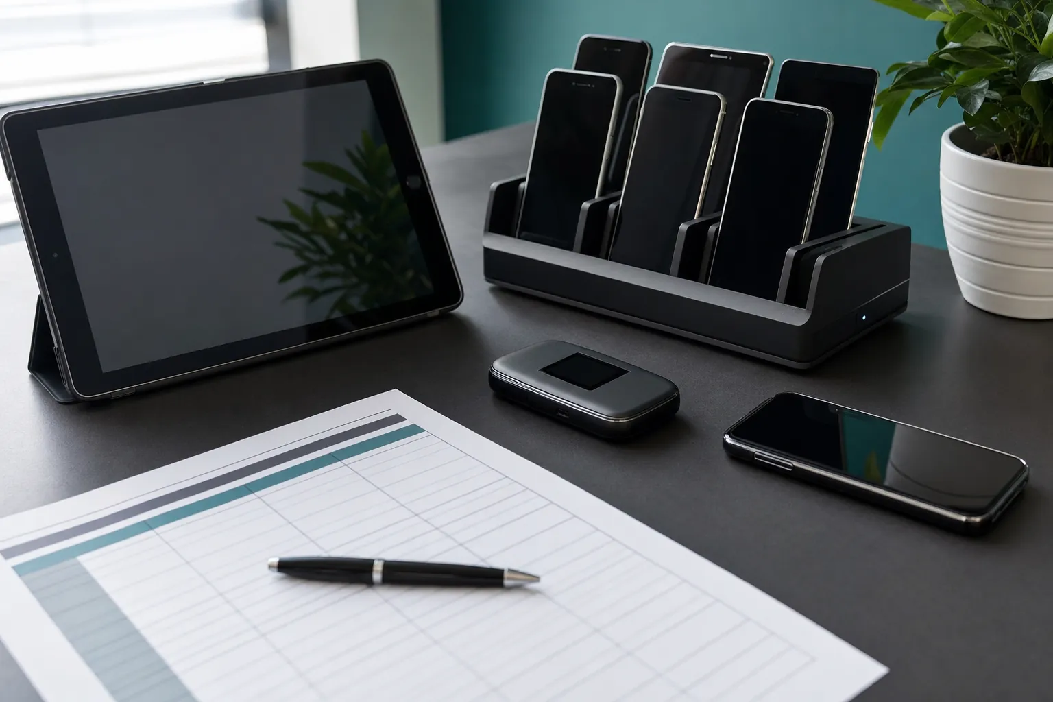 Company mobile devices and an inventory sheet organized on an office desk