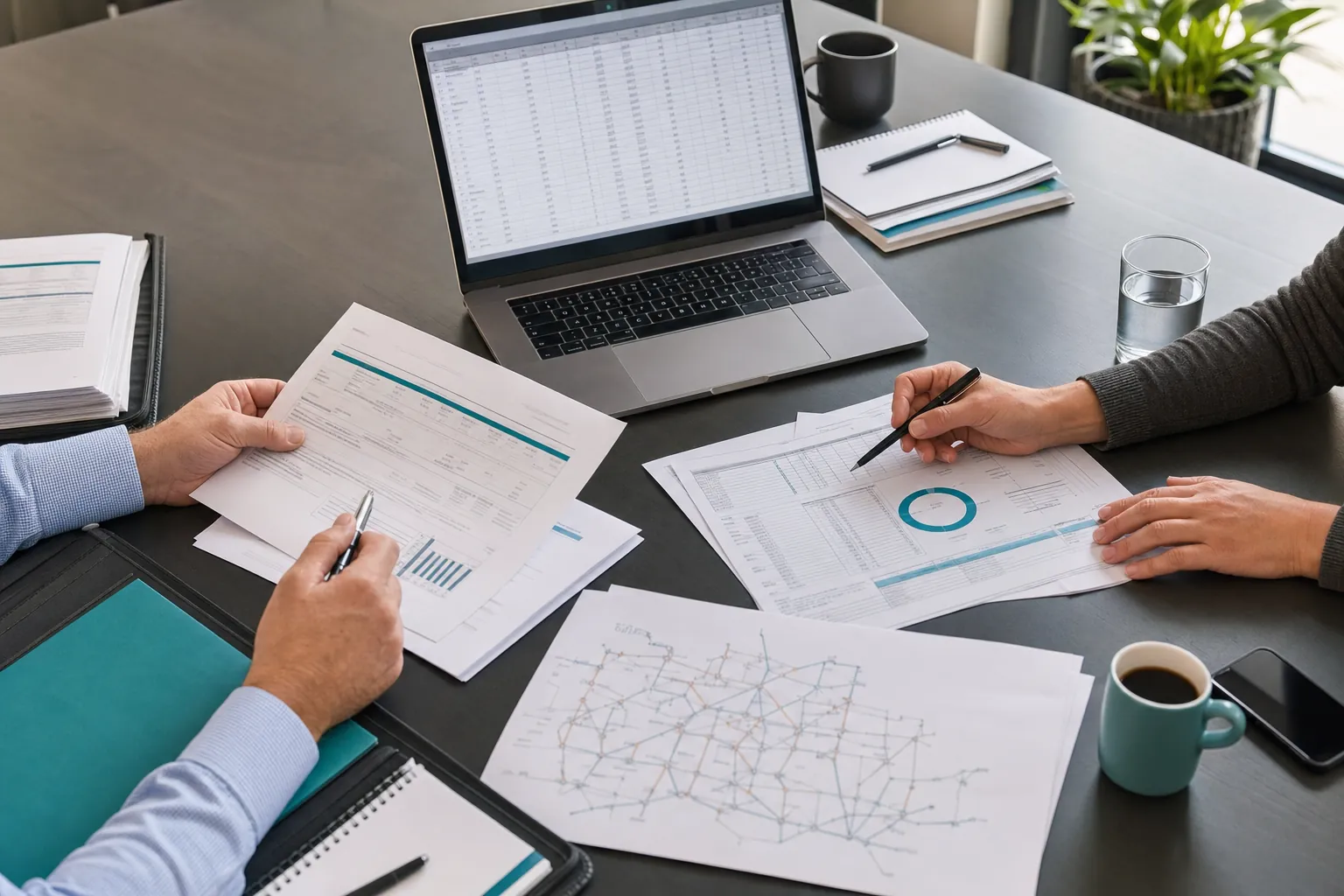 Business leaders reviewing telecom invoices, service inventory, and cost reports at a conference table