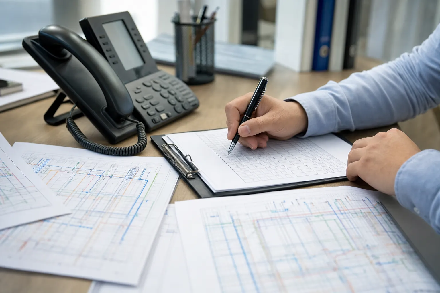 Operations professional checking a service inventory beside a business desk phone and circuit records