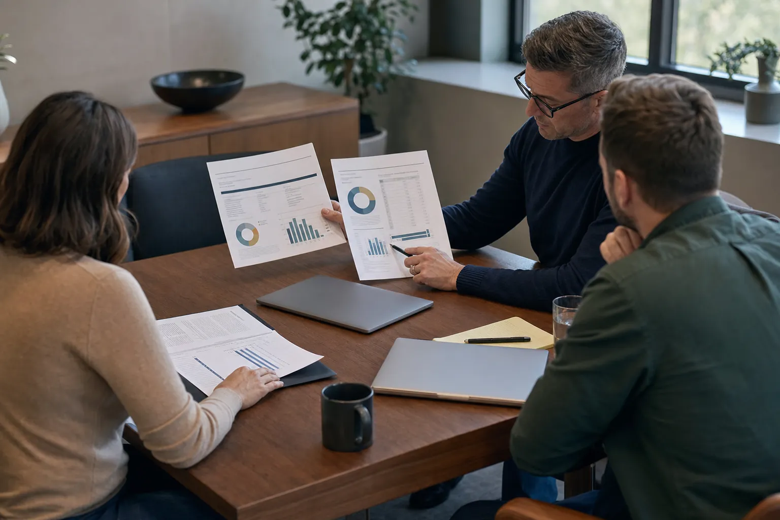 Business team comparing provider proposals and cost summaries around a conference table