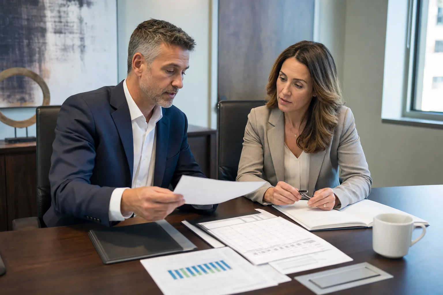 Business leaders reviewing contract renewal paperwork and a service calendar at a meeting table