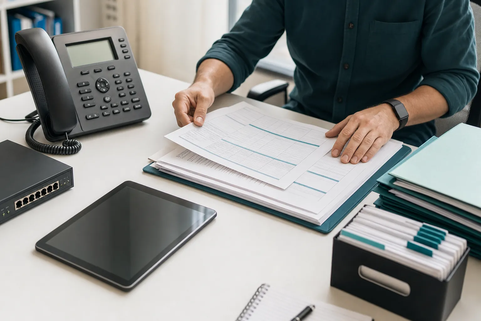 Operations manager organizing telecom service records beside a desk phone, network equipment, and account folders