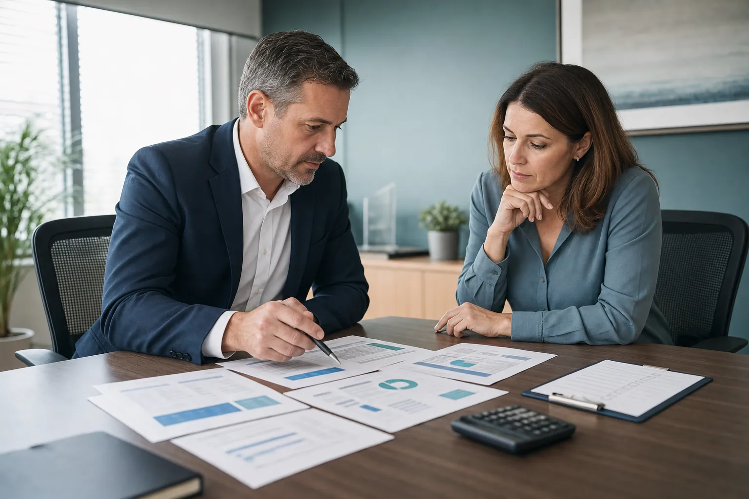 Business leaders comparing telecommunications proposals, a calculator, and a provider checklist at a meeting table