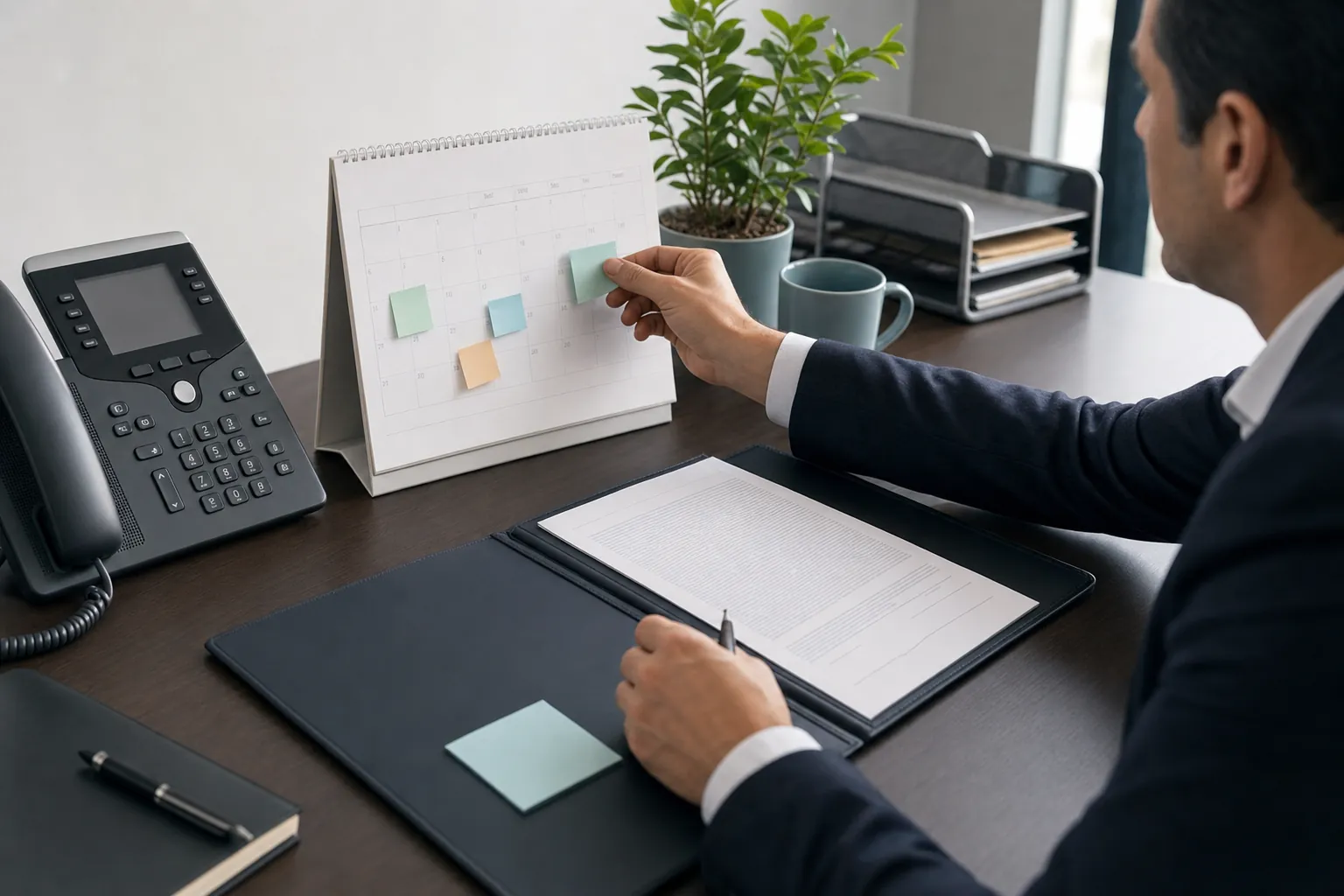 Business professional planning a telecom contract renewal timeline beside a desk phone and provider agreement