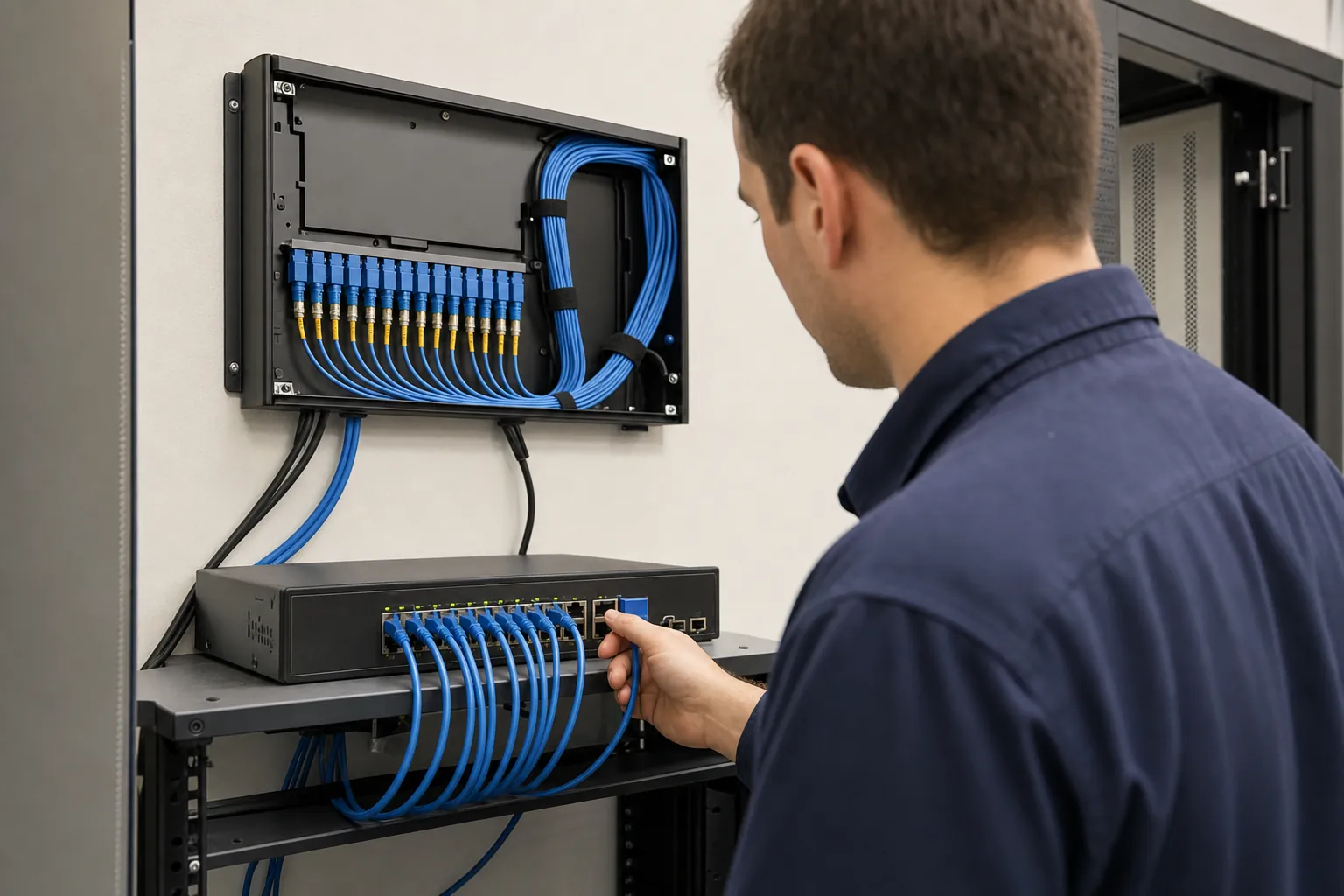 Technician reviewing a business network switch and neatly organized ethernet connections